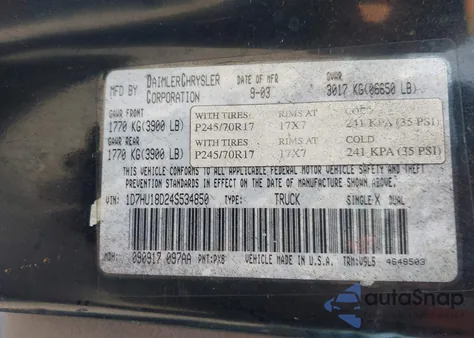 2004 Dodge Ram 1500 Slt/Laramie из США, поврежденный, VIN 1D7HU18D24S534850